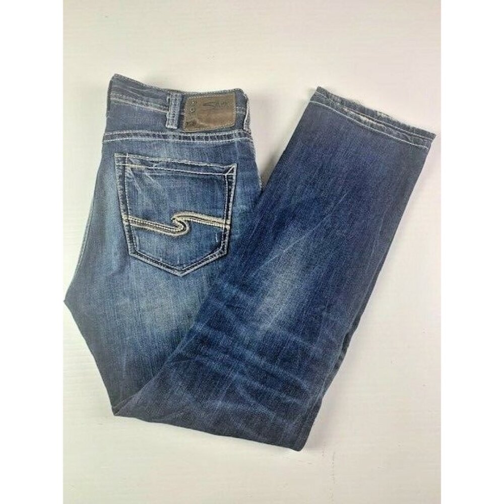 SILVER JEANS Grayson Mens Distressed Regular Fit Straight Leg Jeans Size 32x31